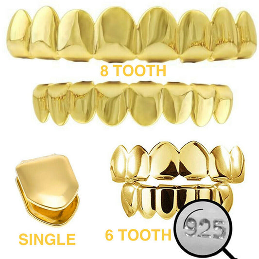 Real 925 Sterling Silver Gold Finish GRILLZ -  Grills 6 8 Or Single Teeth