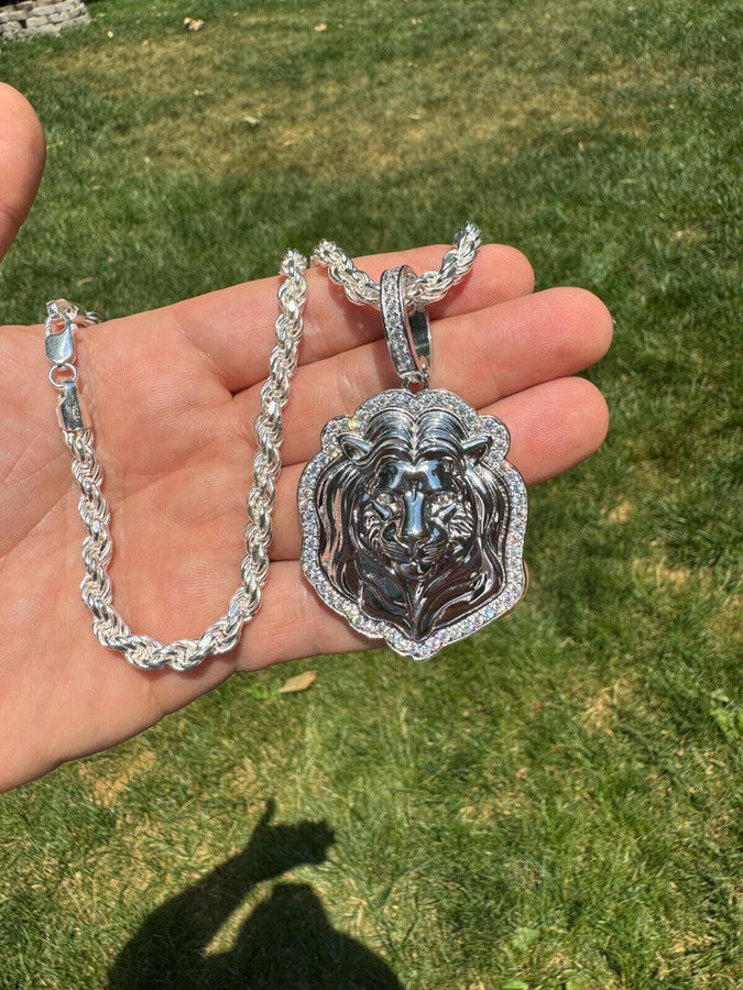 Real 925 Sterling Silver Iced MOISSANITE Custom Lion Pendant Necklace - 3 Sizes