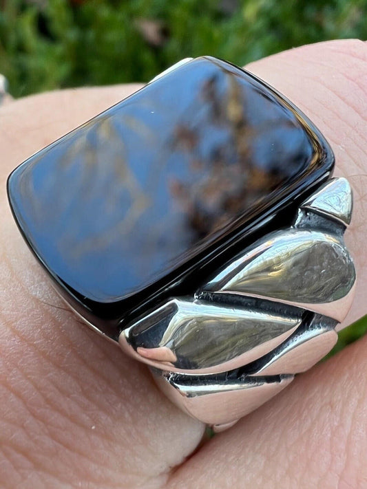 Real 925 Sterling Silver Natural Black Onyx Gemstone W. Miami Cuban Design Ring