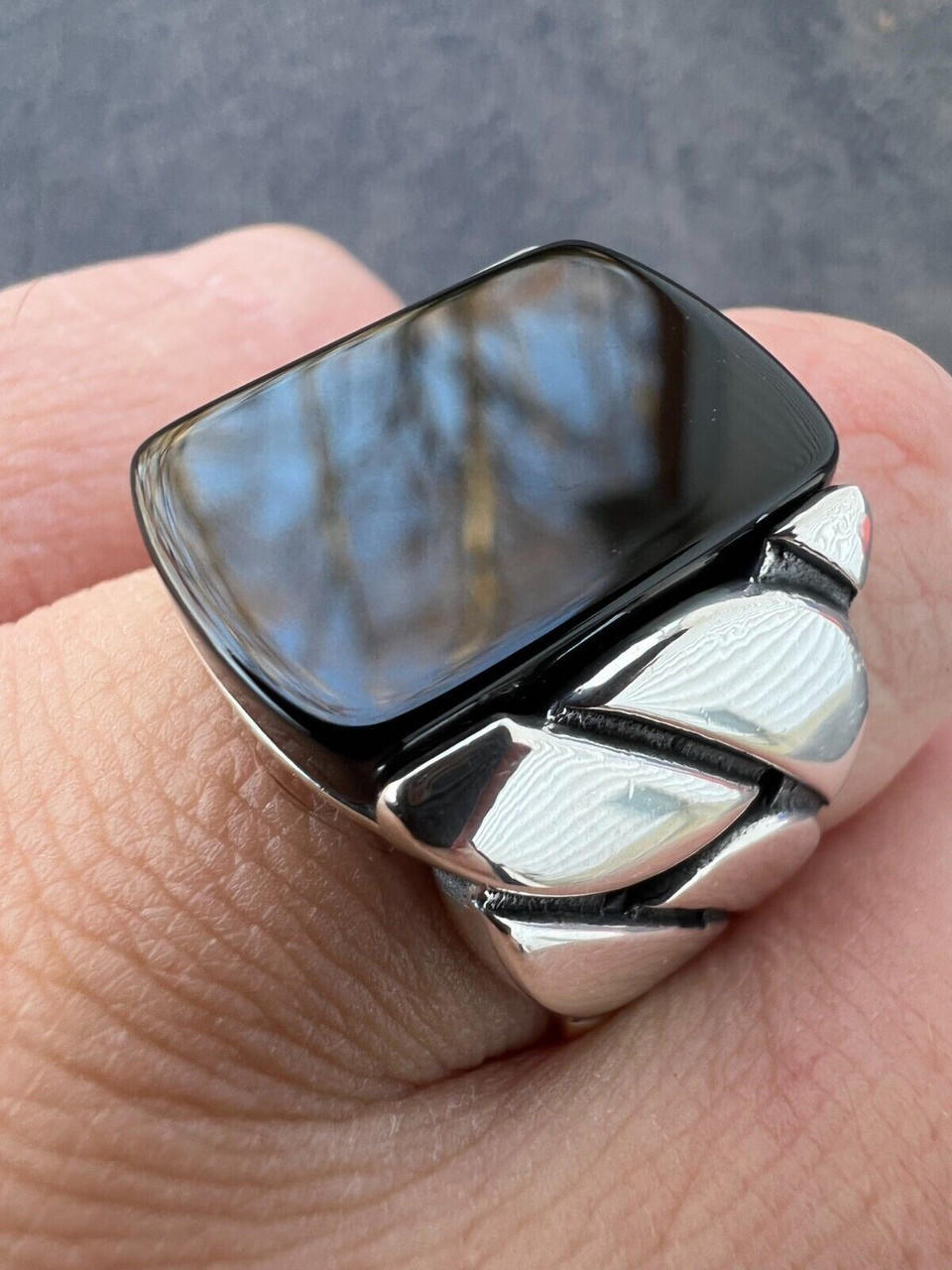 Real 925 Sterling Silver Natural Black Onyx Gemstone W. Miami Cuban Design Ring