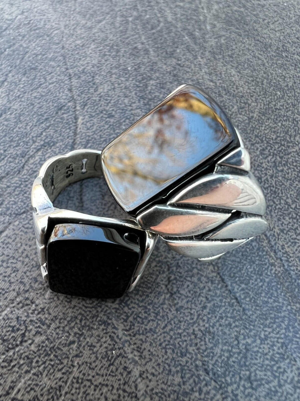 Real 925 Sterling Silver Natural Black Onyx Gemstone W. Miami Cuban Design Ring