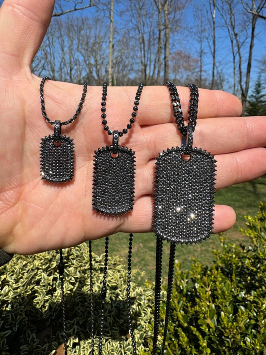 Real Black MOISSANITE Solid 925 Silver Dog Tag Iced Pendant Necklace