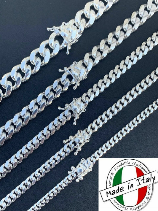 Real Miami Cuban Link Chain Or Bracelet Solid 925 Sterling Silver Box Lock ITALY