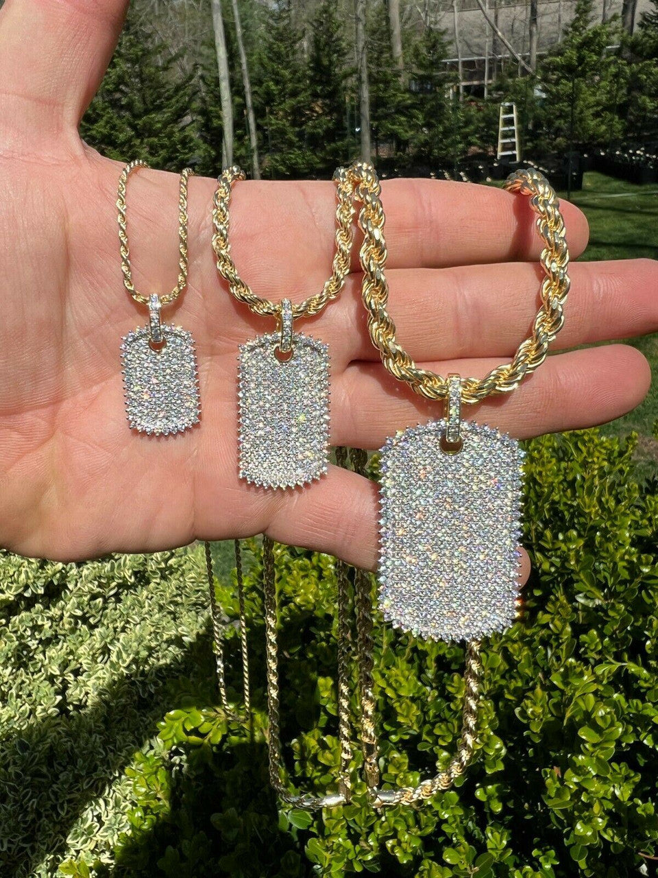 Real MOISSANITE 14k Gold Vermeil Silver Dog Tag Iced Pendant Necklace