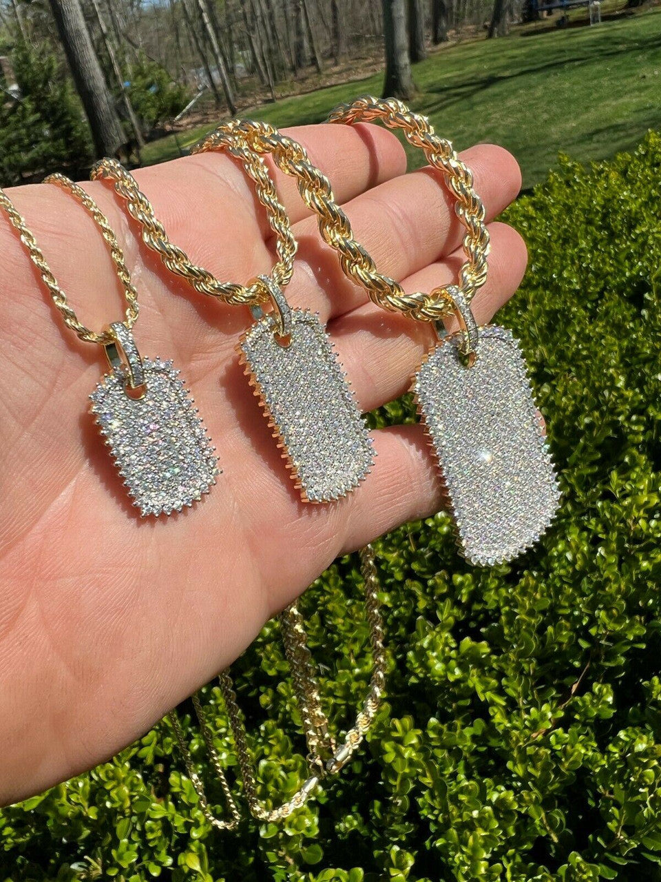 Real MOISSANITE 14k Gold Vermeil Silver Dog Tag Iced Pendant Necklace