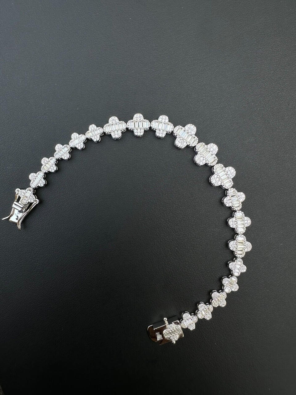 Real MOISSANITE 925 Silver 12mm Iced Baguette Clover Graduated Tennis Bracelet