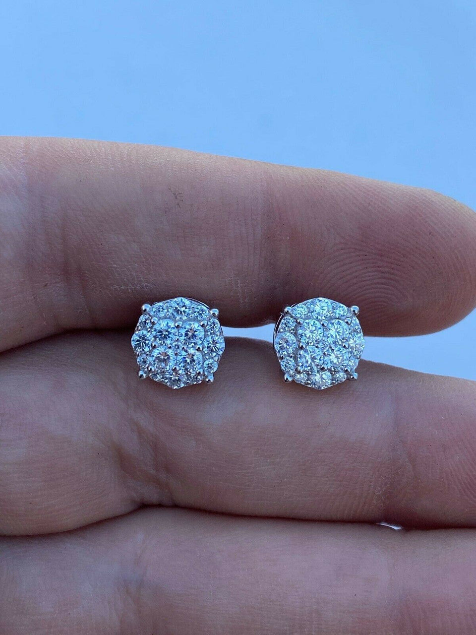 Real MOISSANITE Iced Mens Earrings Cluster Round Studs Pass Diamond Test