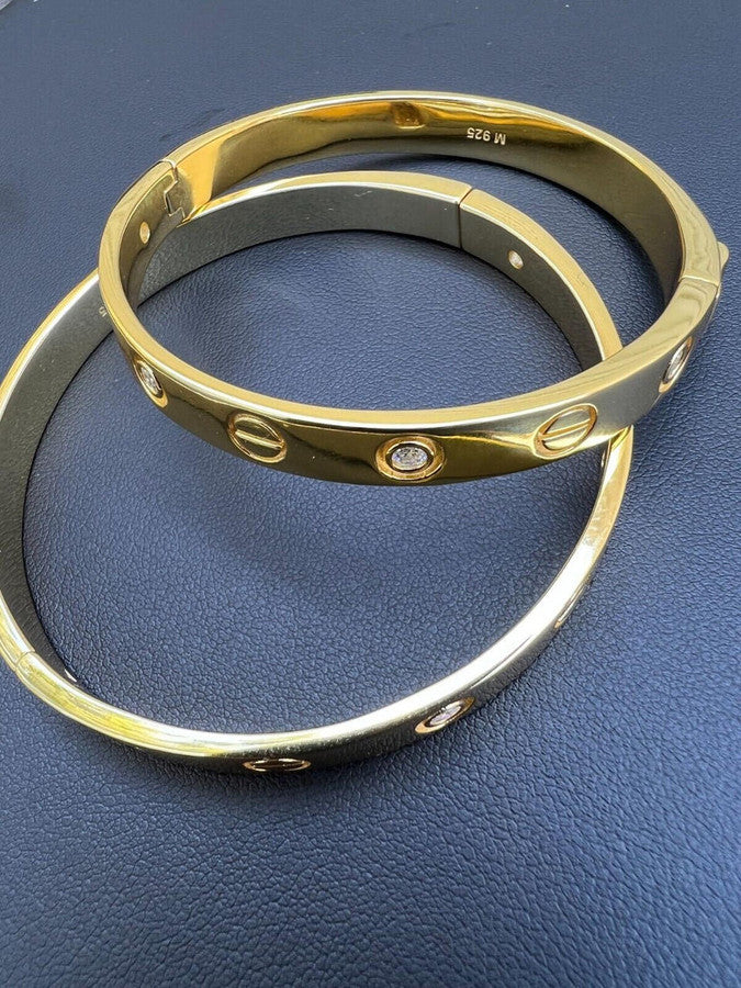 Real MOISSANITE Solid 14k Gold Plated 925 Silver Bangle Bracelet Mens Or Ladies