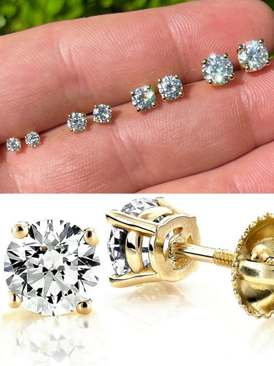 Real Moissanite Stud Earrings Pass Diamond Tester Size 0.2-2ct 14k Gold Vermeil