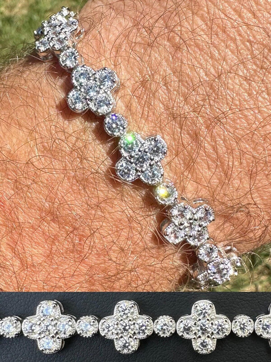 Real Solid 925 Silver 10mm Iced CZ Clover Flower Tennis Bracelet Mens Ladies