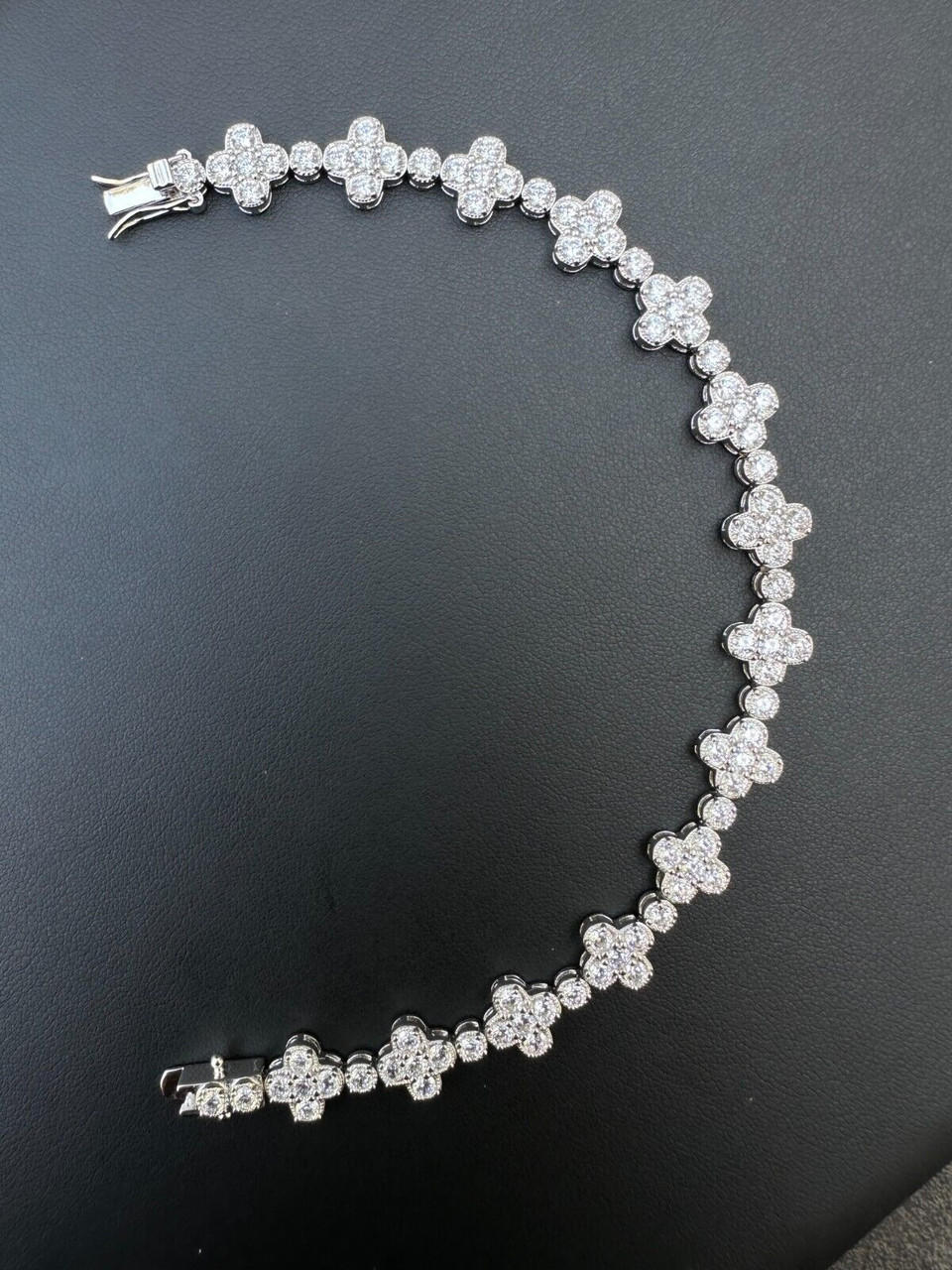 Real Solid 925 Silver 10mm Iced CZ Clover Flower Tennis Bracelet Mens Ladies