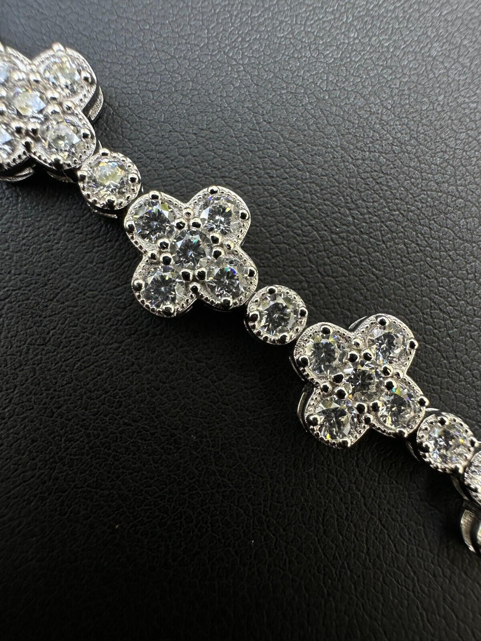 Real Solid 925 Silver 10mm Iced CZ Clover Flower Tennis Bracelet Mens Ladies