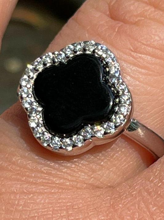 Real Solid 925 Sterling Silver Flower Clover Ring Black Onyx W. Diamonds Sz 5-10