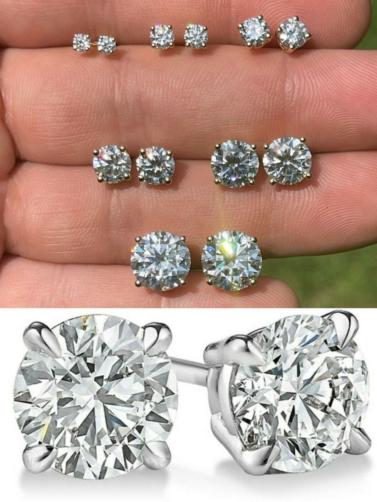 Solid 14k White Gold Real Moissanite Stud Earrings Passes Diamond Tester 0.2-8ct