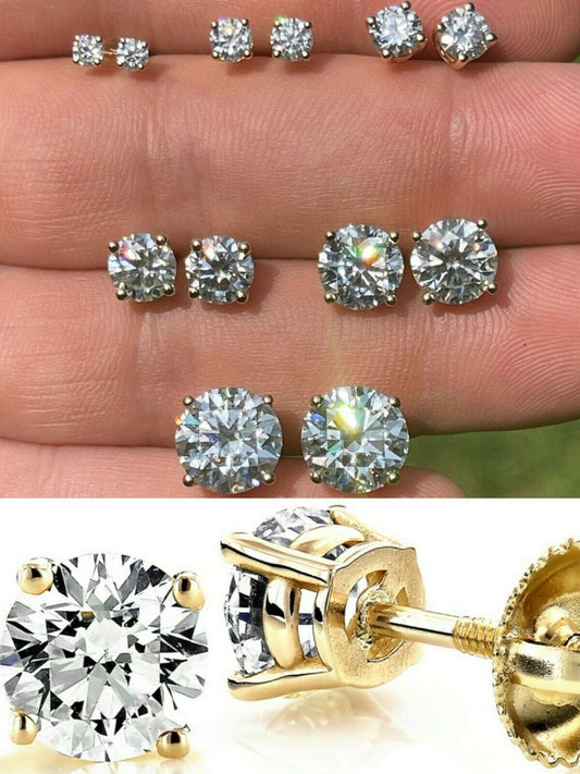 Solid 14k Yellow Gold Real Moissanite Stud Earrings Pass Diamond Tester 0.2-8ct