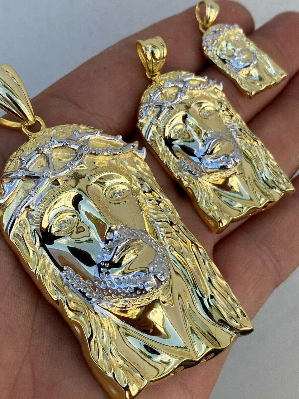 Solid 925 Silver & 14k Gold Jesus Piece 0.1ct REAL Natural Diamond Iced