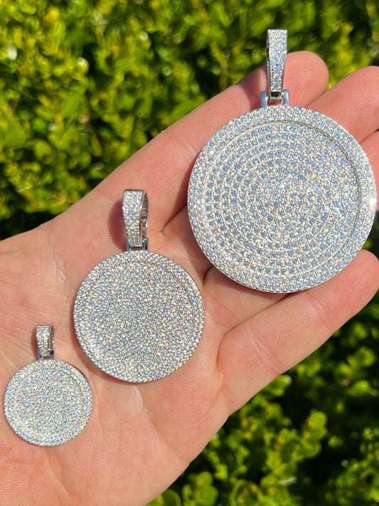 Solid 925 Silver Bling Out Iced Round Dog Tag Medallion Pendant Necklace