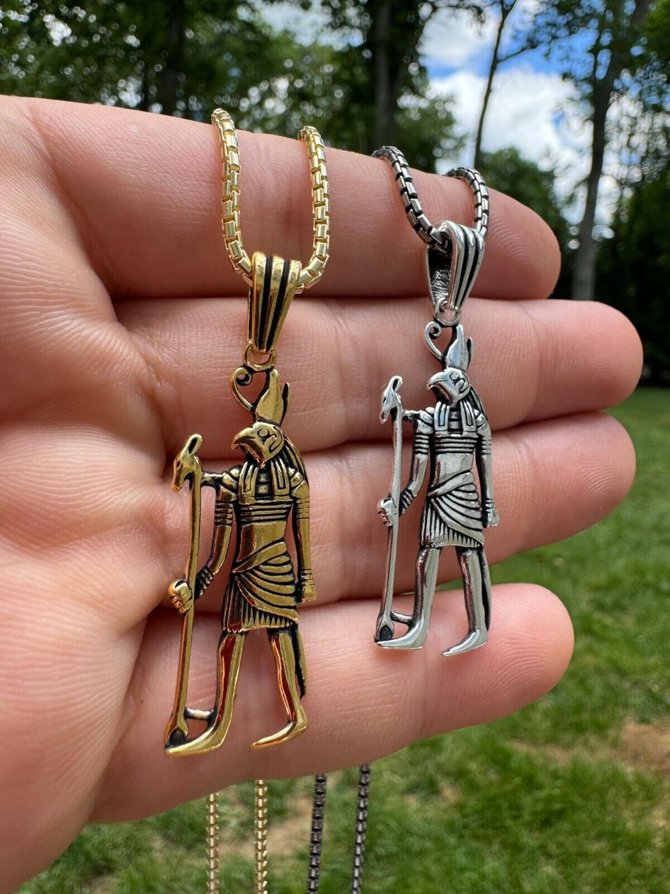 Solid 925 Silver / Gold Oxidized Ancient Egyptian God Horus Pendant Necklace