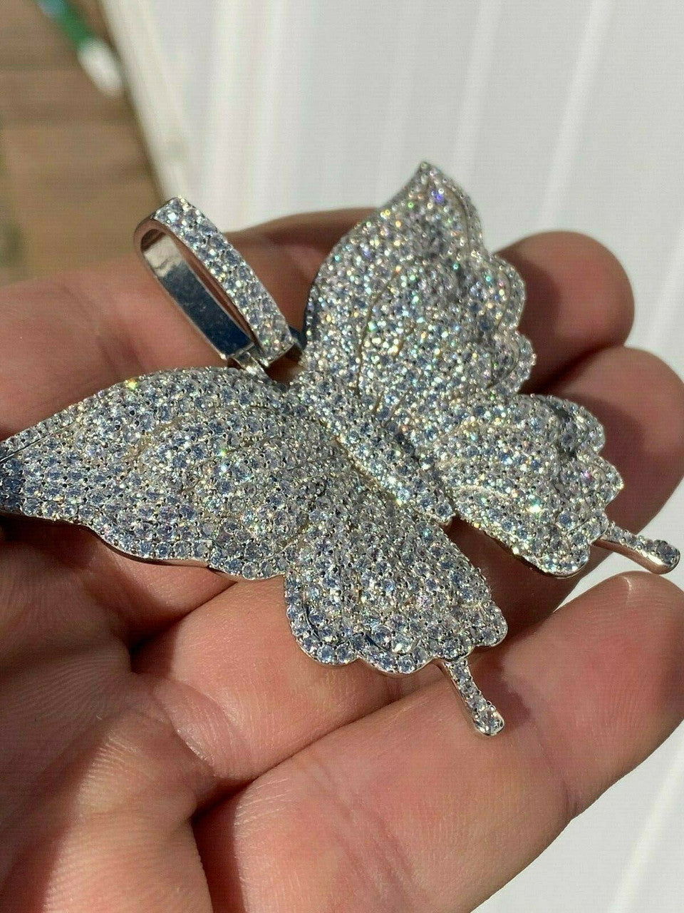 Solid 925 Silver HUGE Iced 2.5" Butterly Pendant For Men Ladies Necklace