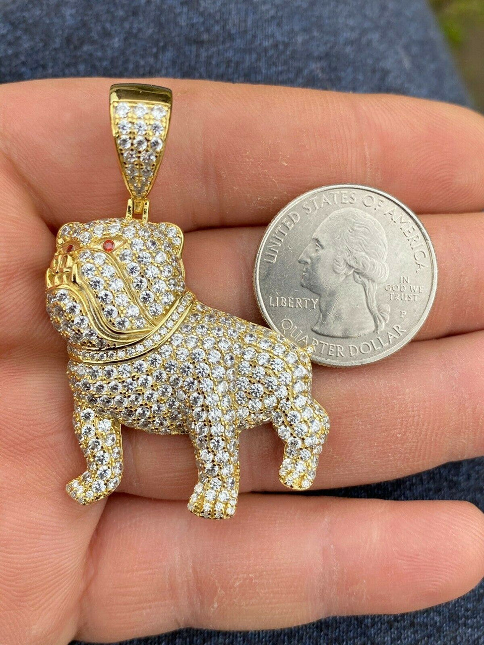 Solid 925 Sterling Bull Dog Pendant Necklace Iced Gold Silver Necklace