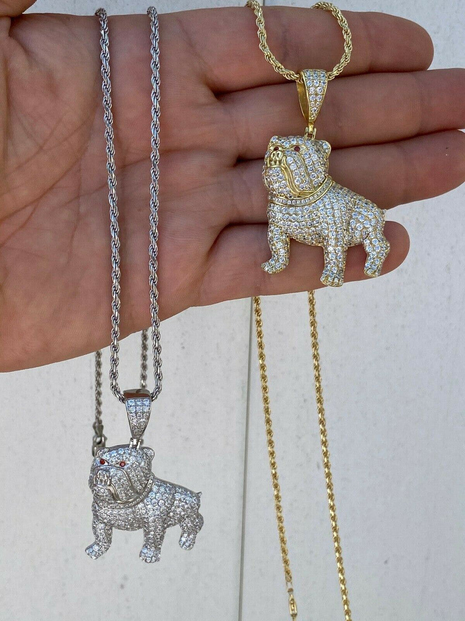 Solid 925 Sterling Bull Dog Pendant Necklace Iced Gold Silver Necklace