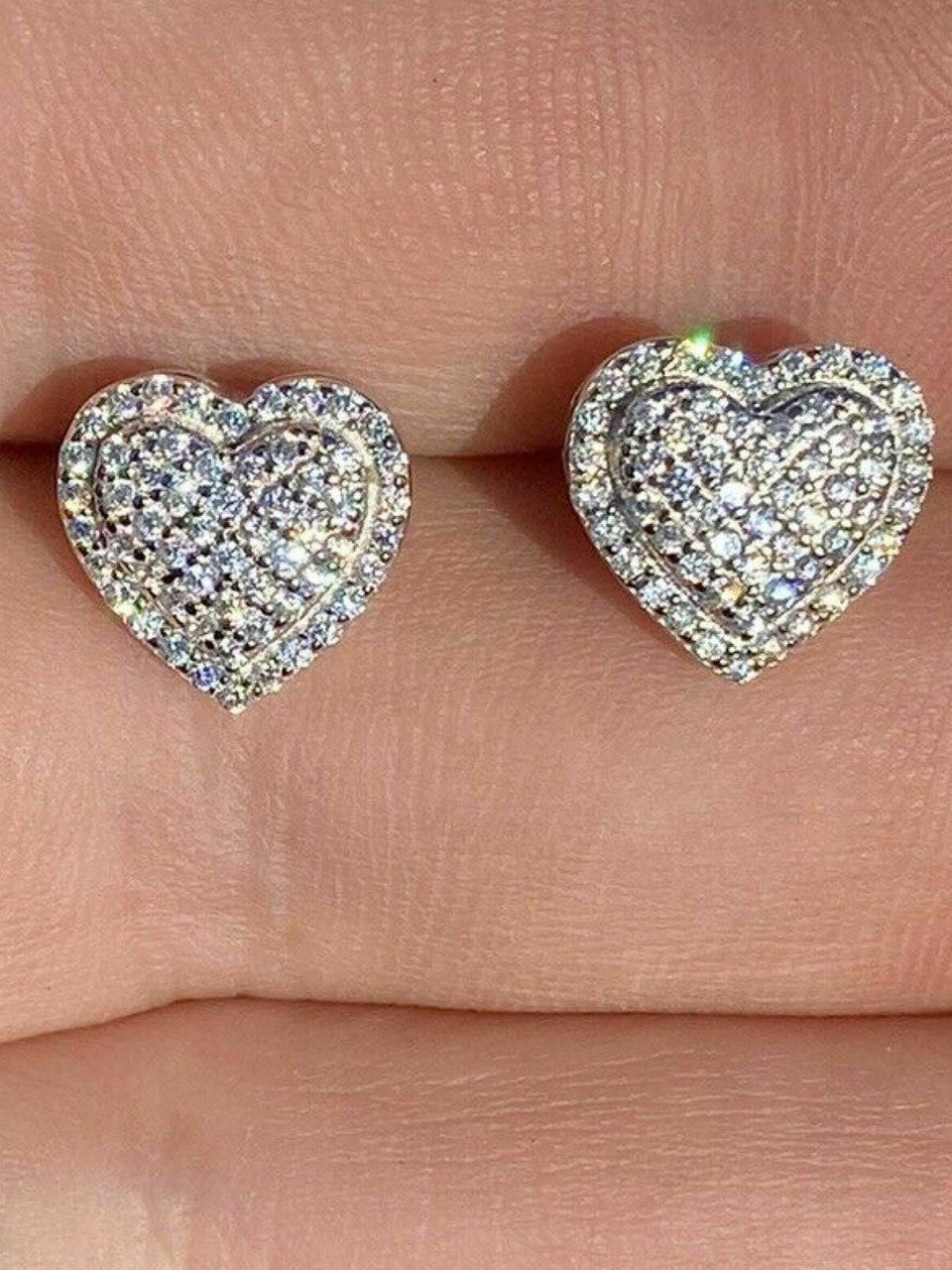 Solid 925 Sterling Silver Iced Heart Stud Earrings Moissanite Pass Diamond Test