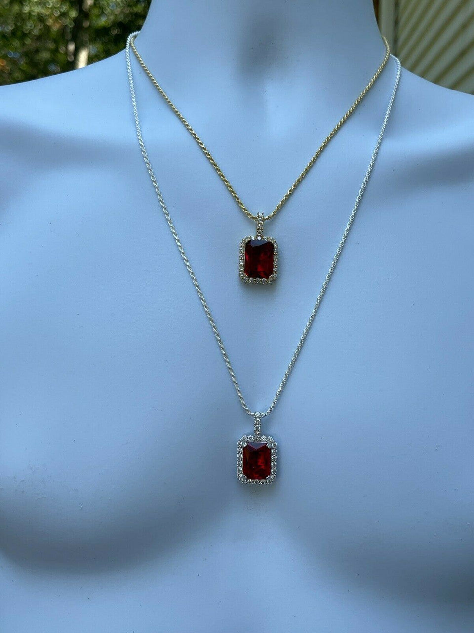 Mens Iced Moissanite & Ruby Pendant Necklace Real 925 Silver / 14k Gold