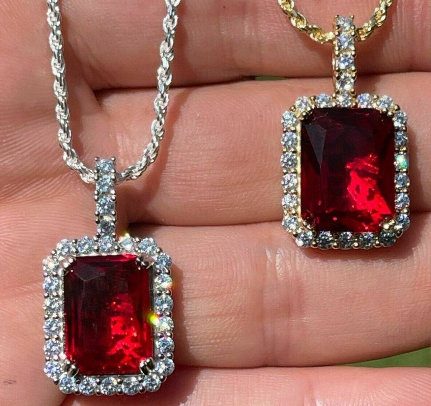 Mens Iced Moissanite & Ruby Pendant Necklace Real 925 Silver / 14k Gold