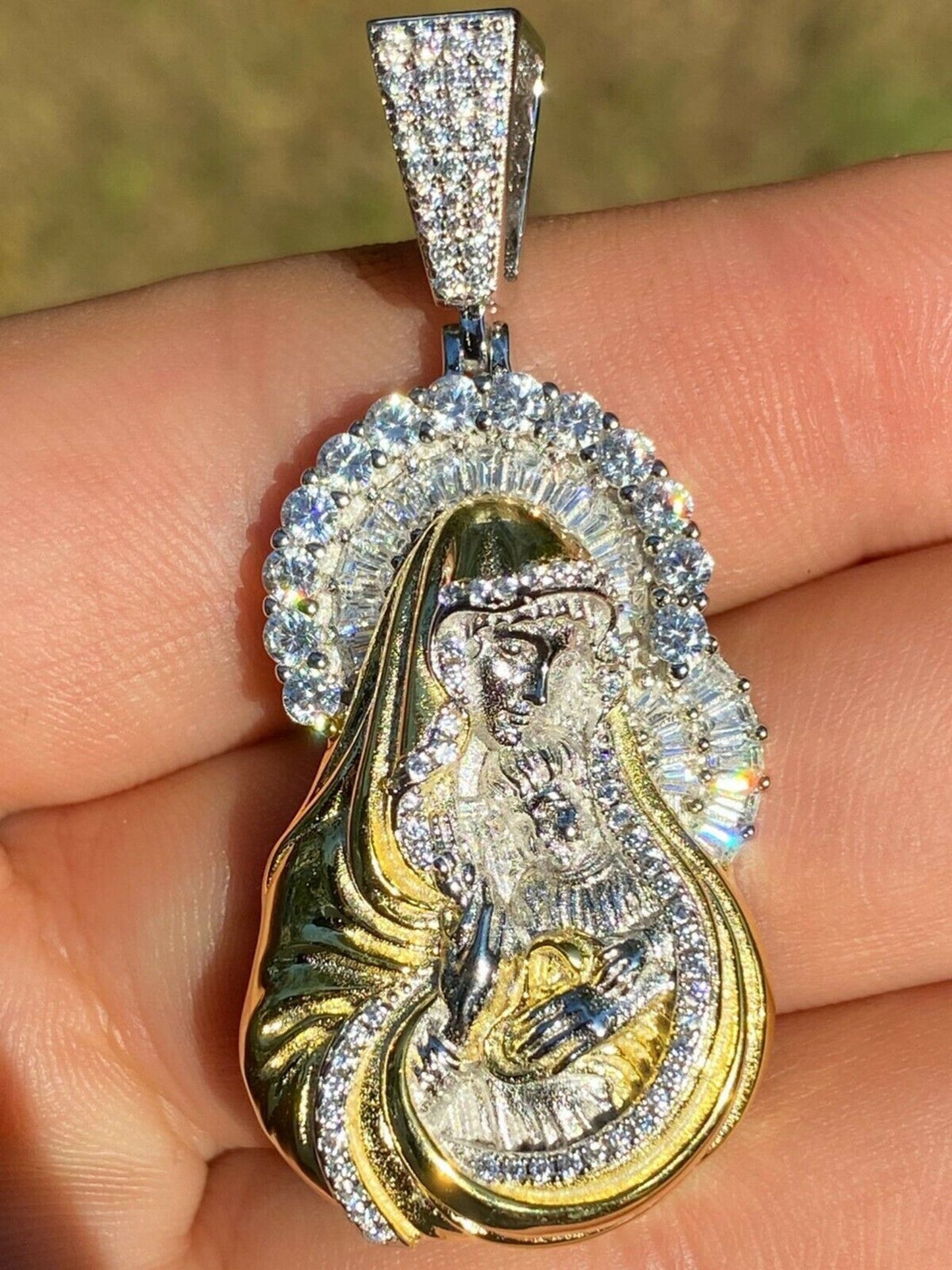 Men's Solid 925 Silver Baguette Virgin Mary Pendant Ice Diamond Necklace