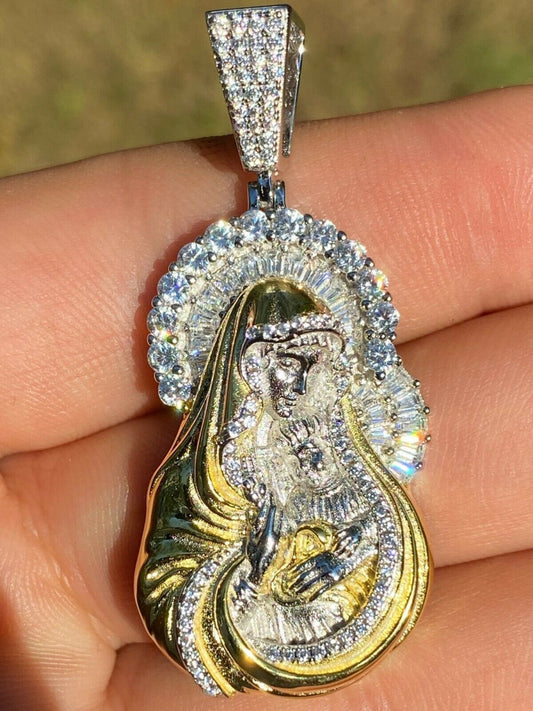 Men's Solid 925 Silver Baguette Virgin Mary Pendant Ice Diamond Necklace