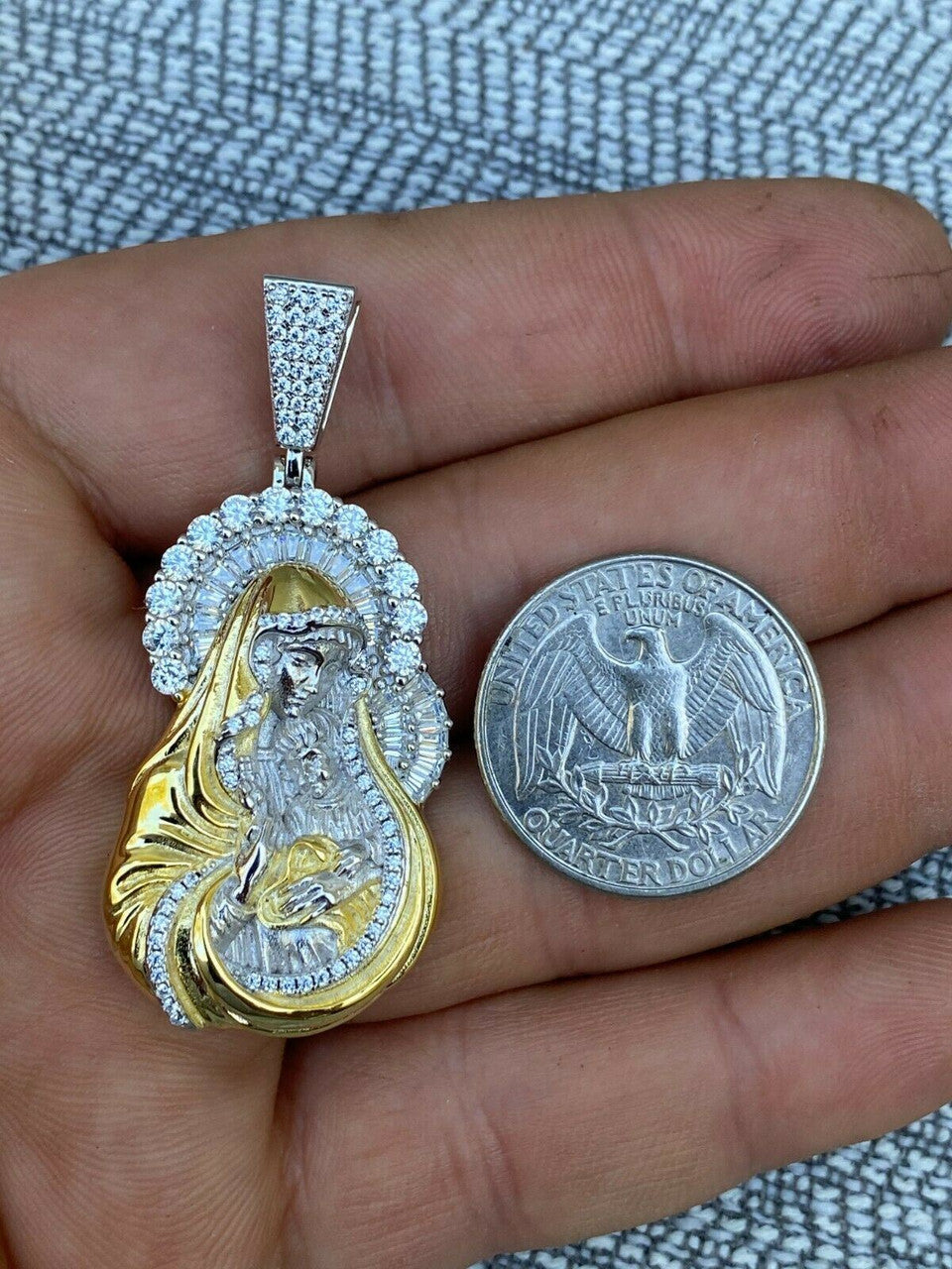 Men's Solid 925 Silver Baguette Virgin Mary Pendant Ice Diamond Necklace