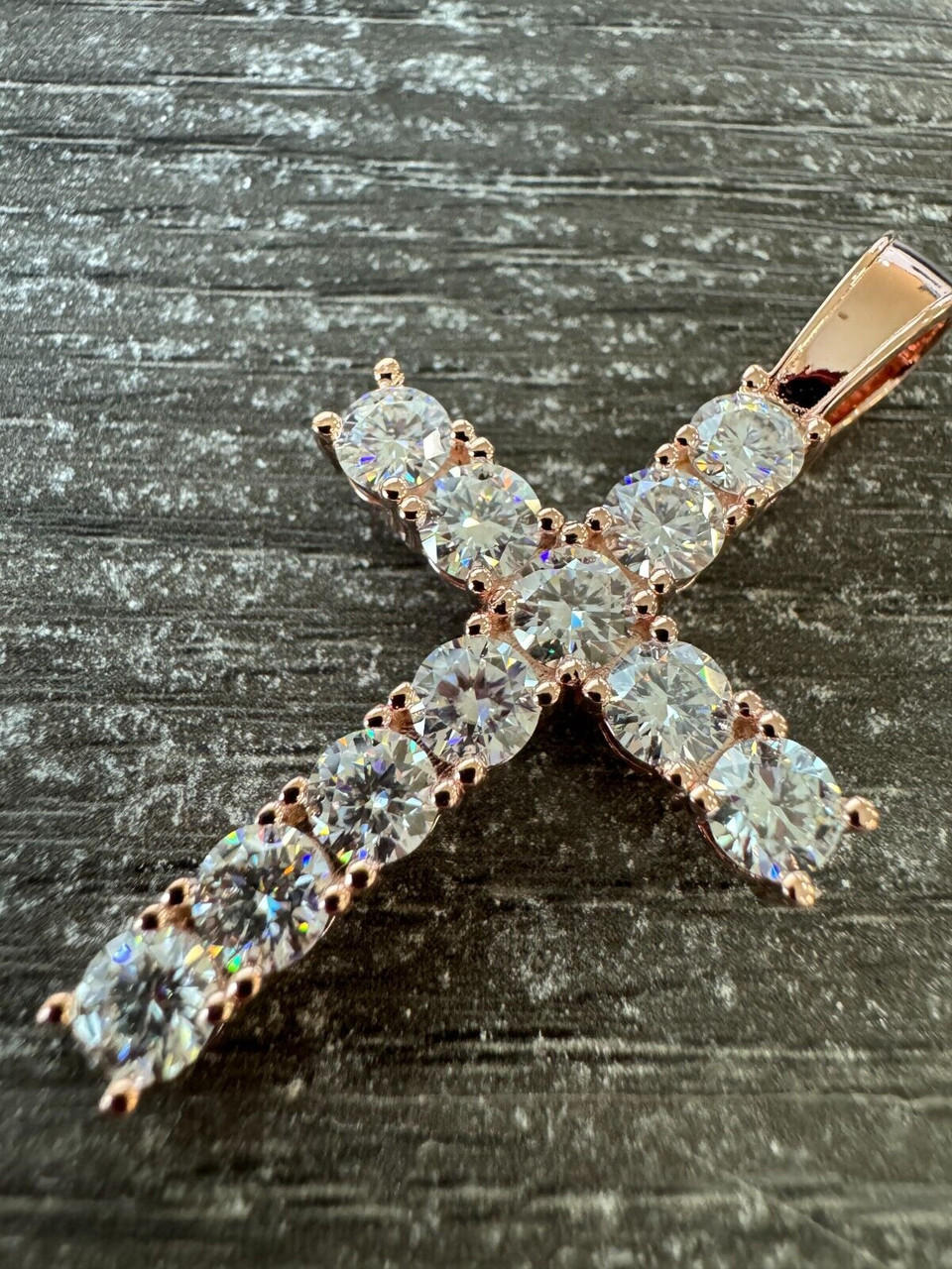 MOISSANITE 14k Rose Gold Cross & Real 925 Silver Iced Pendant Necklace