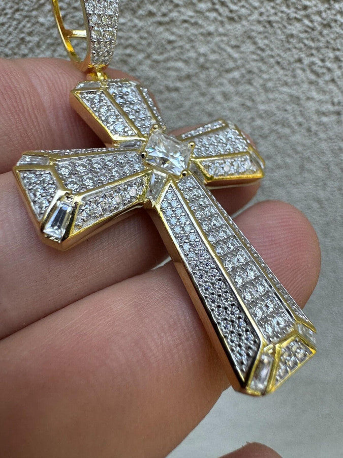 Moissanite Cross W. 1ct Center Stone Pendant - Iced 925 Silver /Gold Necklace