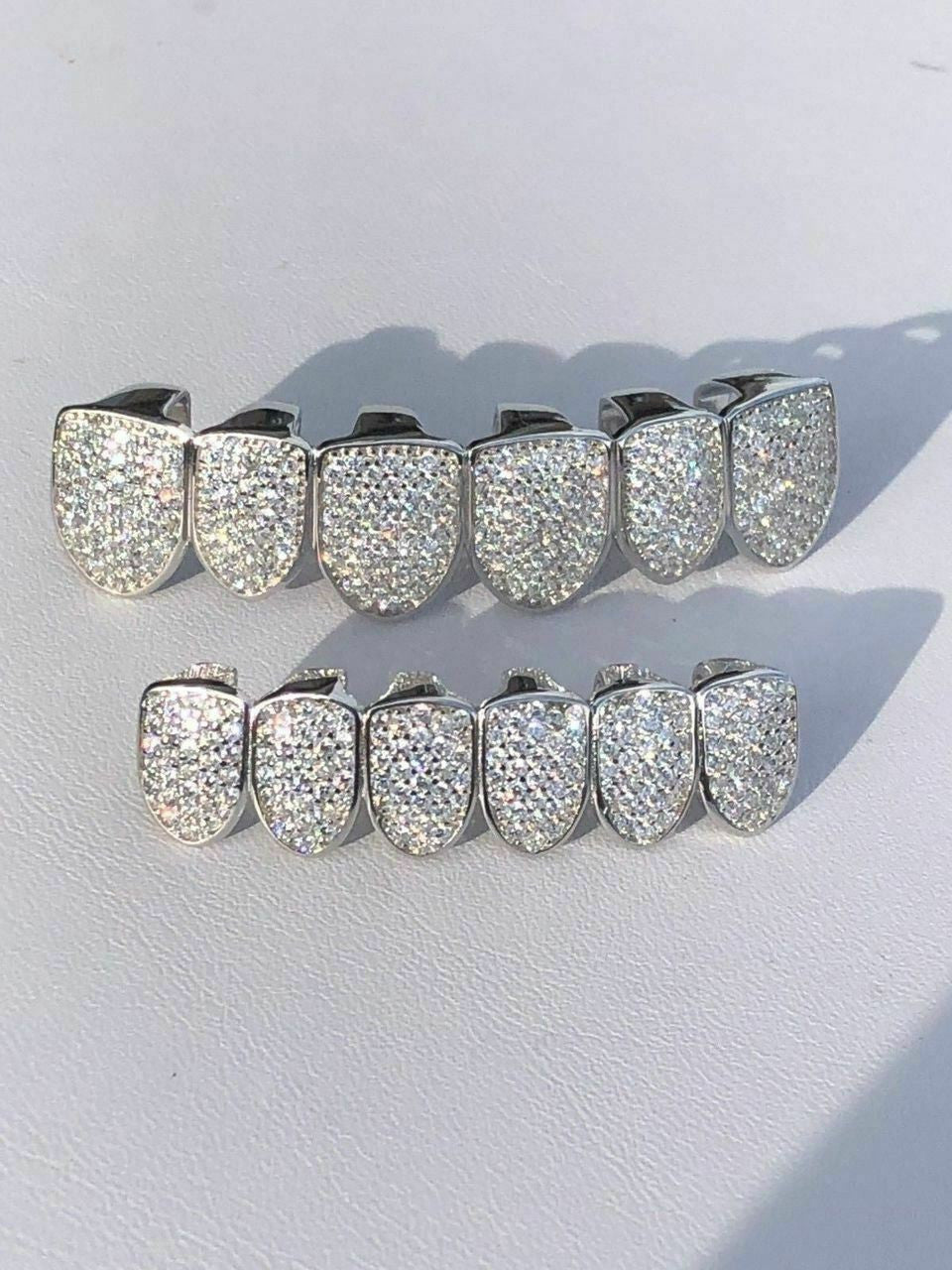 MOISSANITE GRILLZ Pass Diamond Test Teeth Top & Bottom 925 Silver Iced