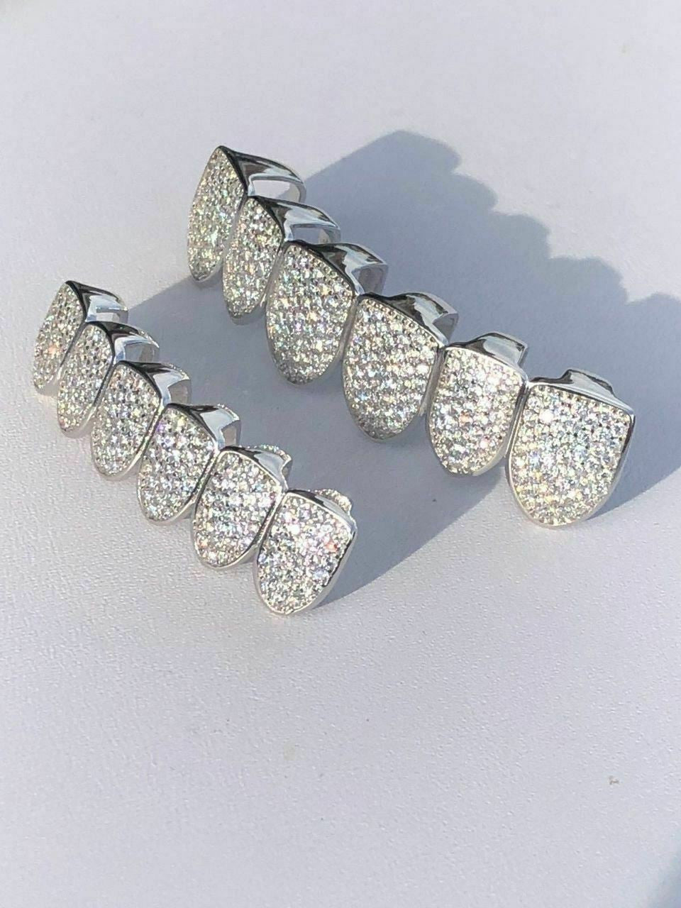 MOISSANITE GRILLZ Pass Diamond Test Teeth Top & Bottom 925 Silver Iced