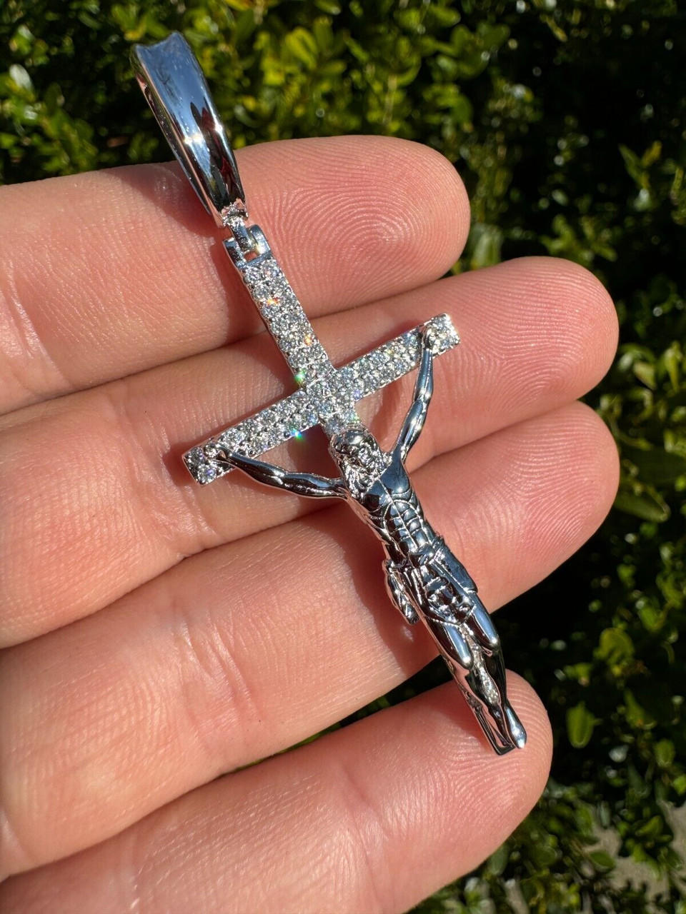 Moissanite Real Iced Jesus On Cross Pendant - Real 925 Silver 2" Mens Necklace