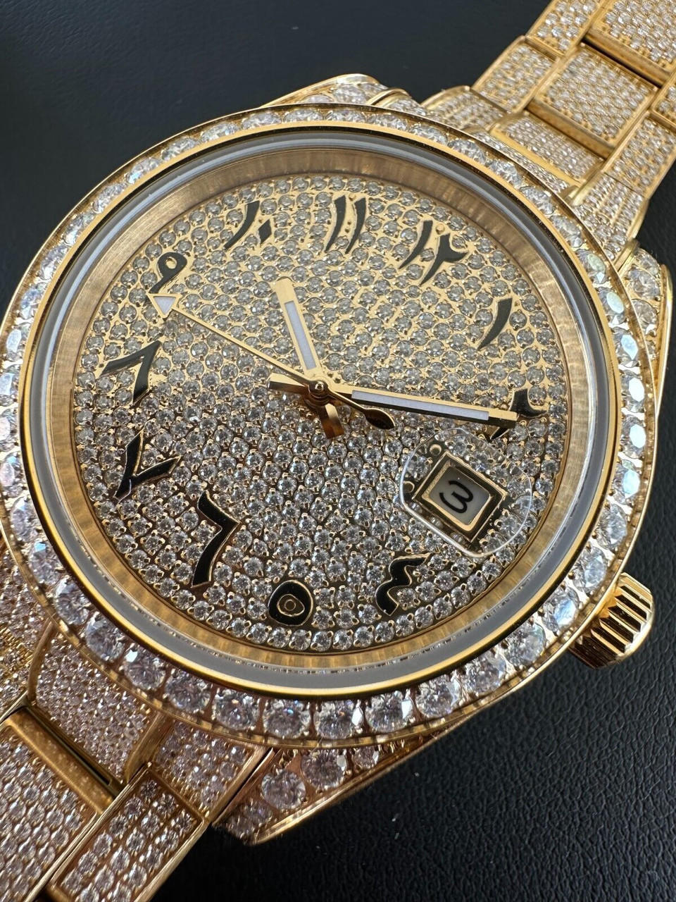 No Logo 16ct MOISSANITE Mens Gold Presidential Watch Honeycomb Iced Arabic Dial