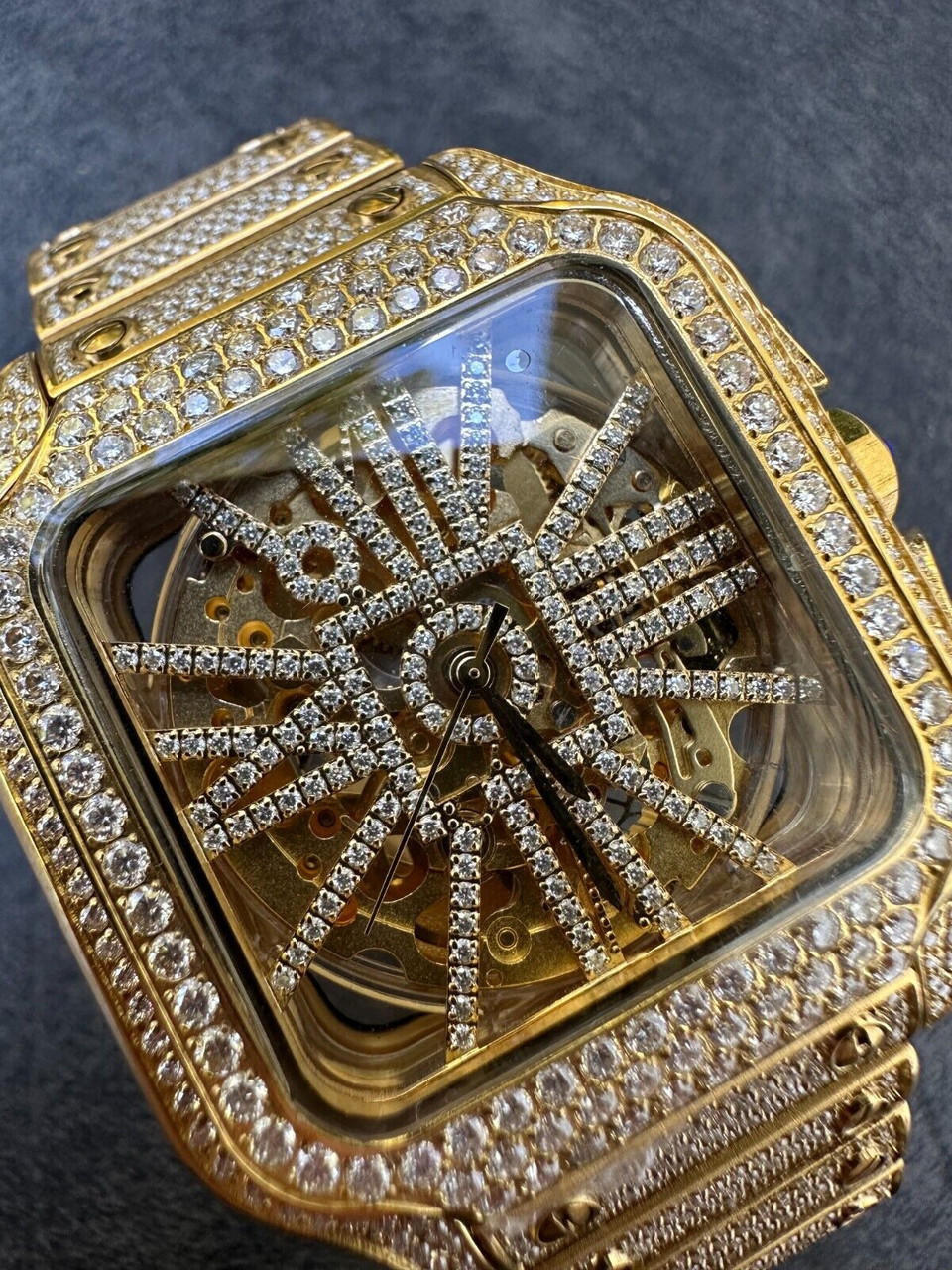 Real Mens MOISSANITE 14k Gold Watch Iced Automatic Movement Skeleton