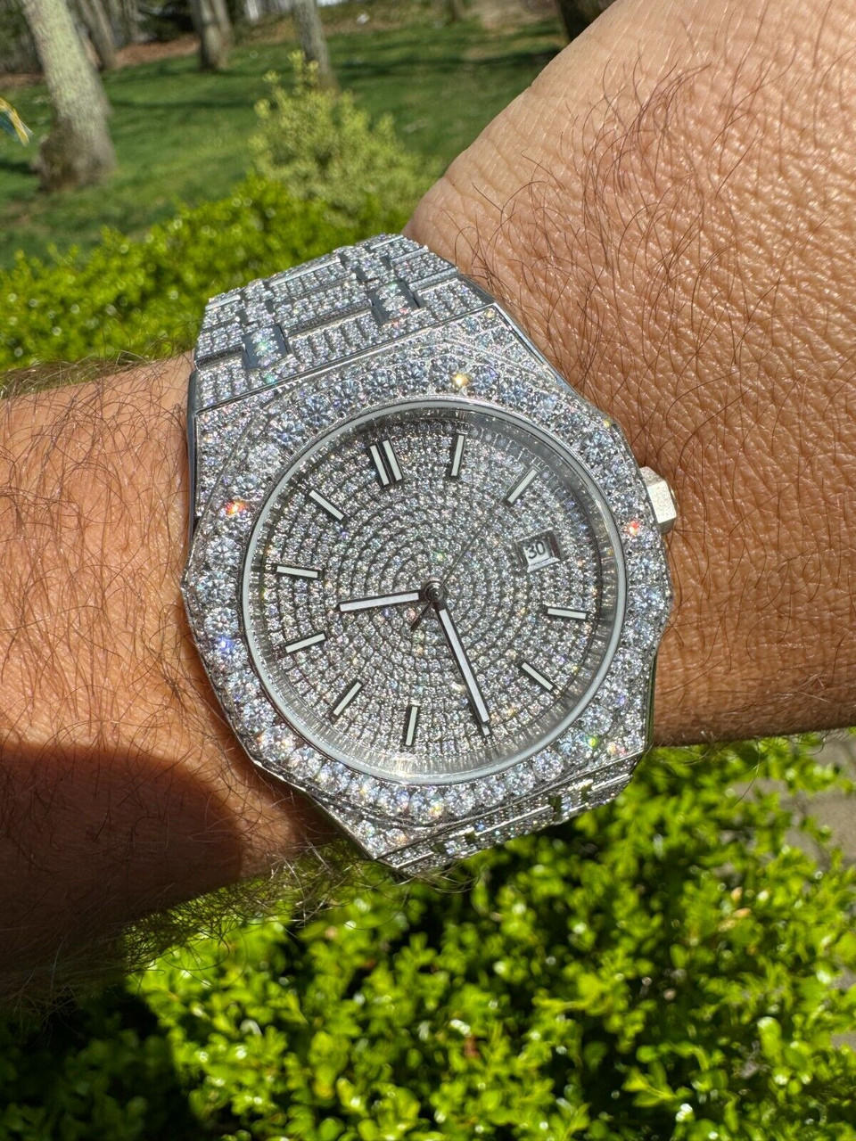 Real MOISSANITE Mens Watch Iced Large Stones No ID Passes Diamond Tester