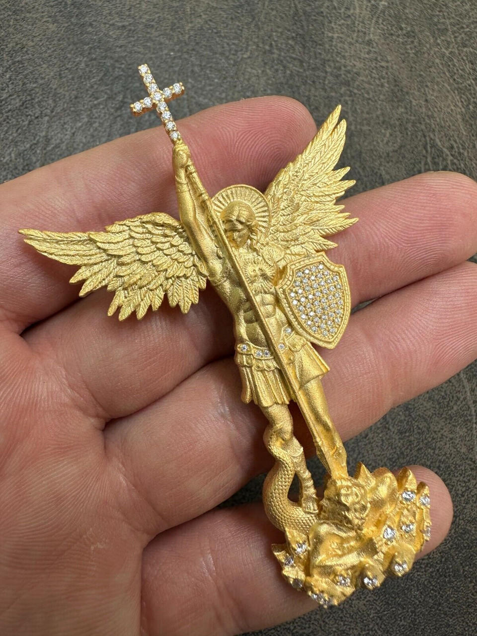 Real MOISSANITE Saint Michael Slaying Dragon Pendant 14k Gold Vermeil 925 Silver