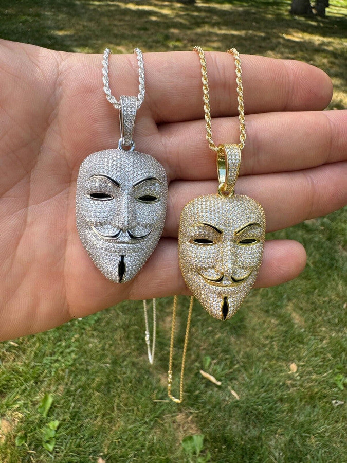 Real Moissanite V For Vendetta Mask Iced Anonymous Pendant Necklace 925 Silver