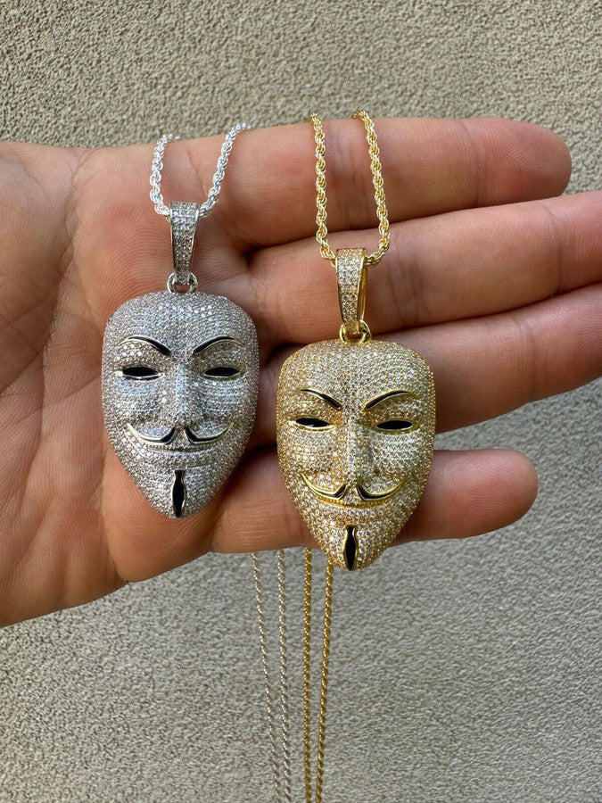 Real Moissanite V For Vendetta Mask Iced Anonymous Pendant Necklace 925 Silver