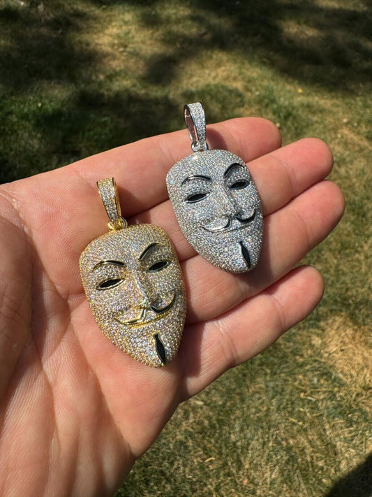 Real Moissanite V For Vendetta Mask Iced Anonymous Pendant Necklace 925 Silver