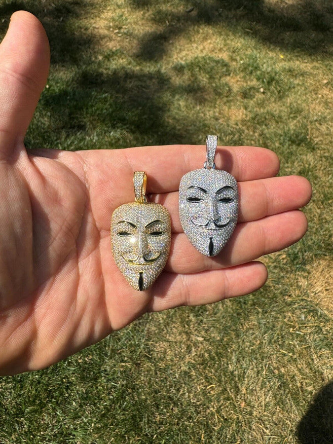 Real Moissanite V For Vendetta Mask Iced Anonymous Pendant Necklace 925 Silver