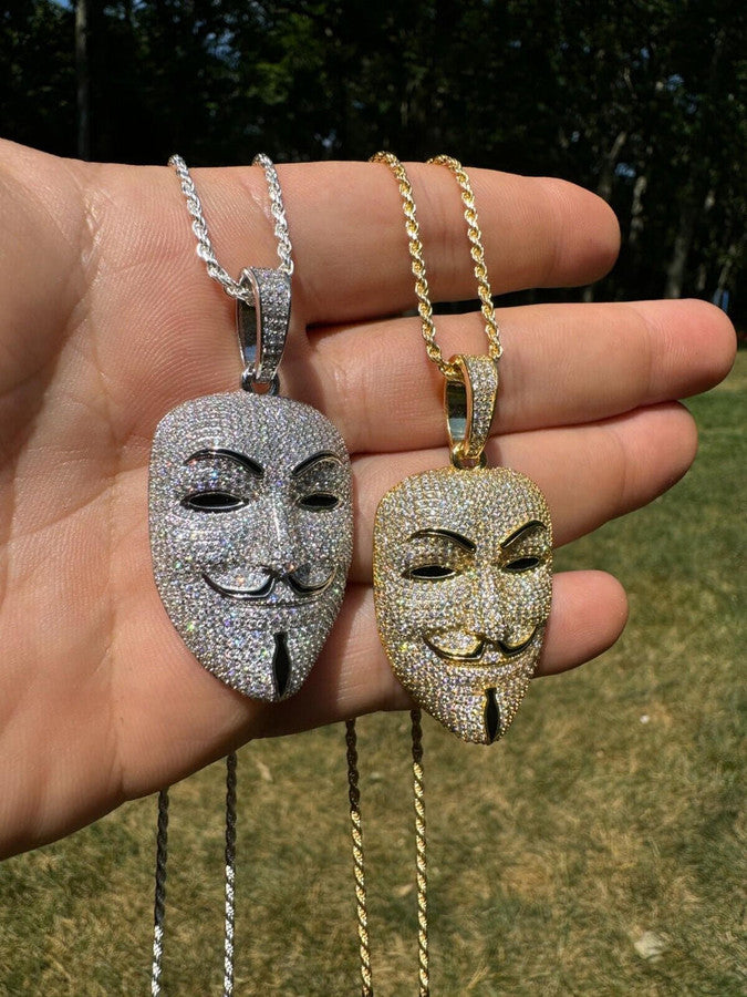 Real Moissanite V For Vendetta Mask Iced Anonymous Pendant Necklace 925 Silver