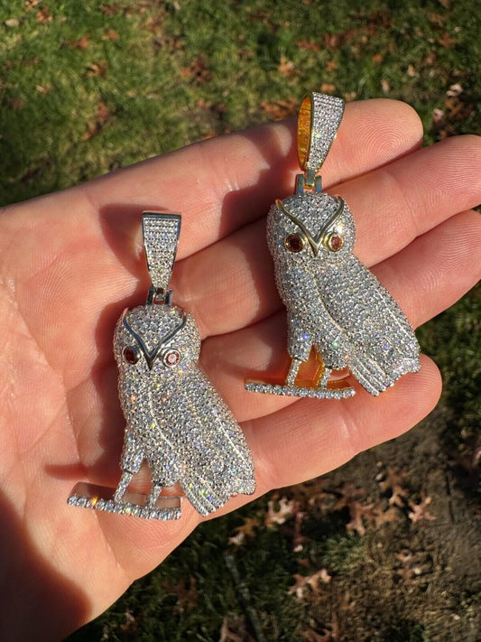 Iced MOISSANITE 925 Silver Gold Plated Owl Pendant