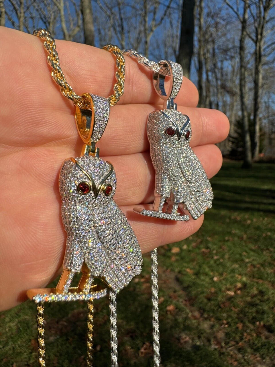 Iced MOISSANITE 925 Silver Gold Plated Owl Pendant