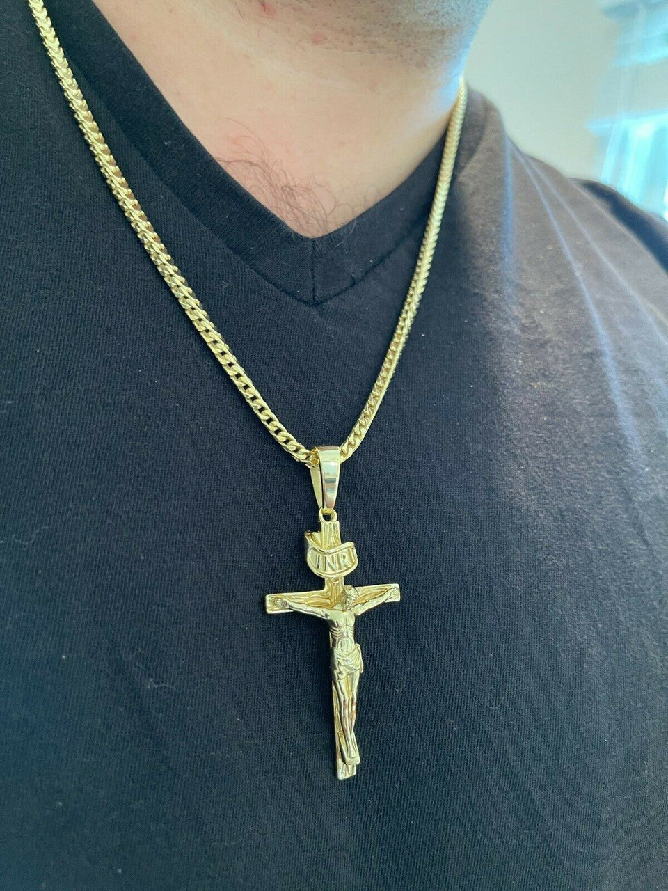 14k Gold Over Real Solid 925 Silver Cross Jesus Piece Crucifix Pendant Necklace