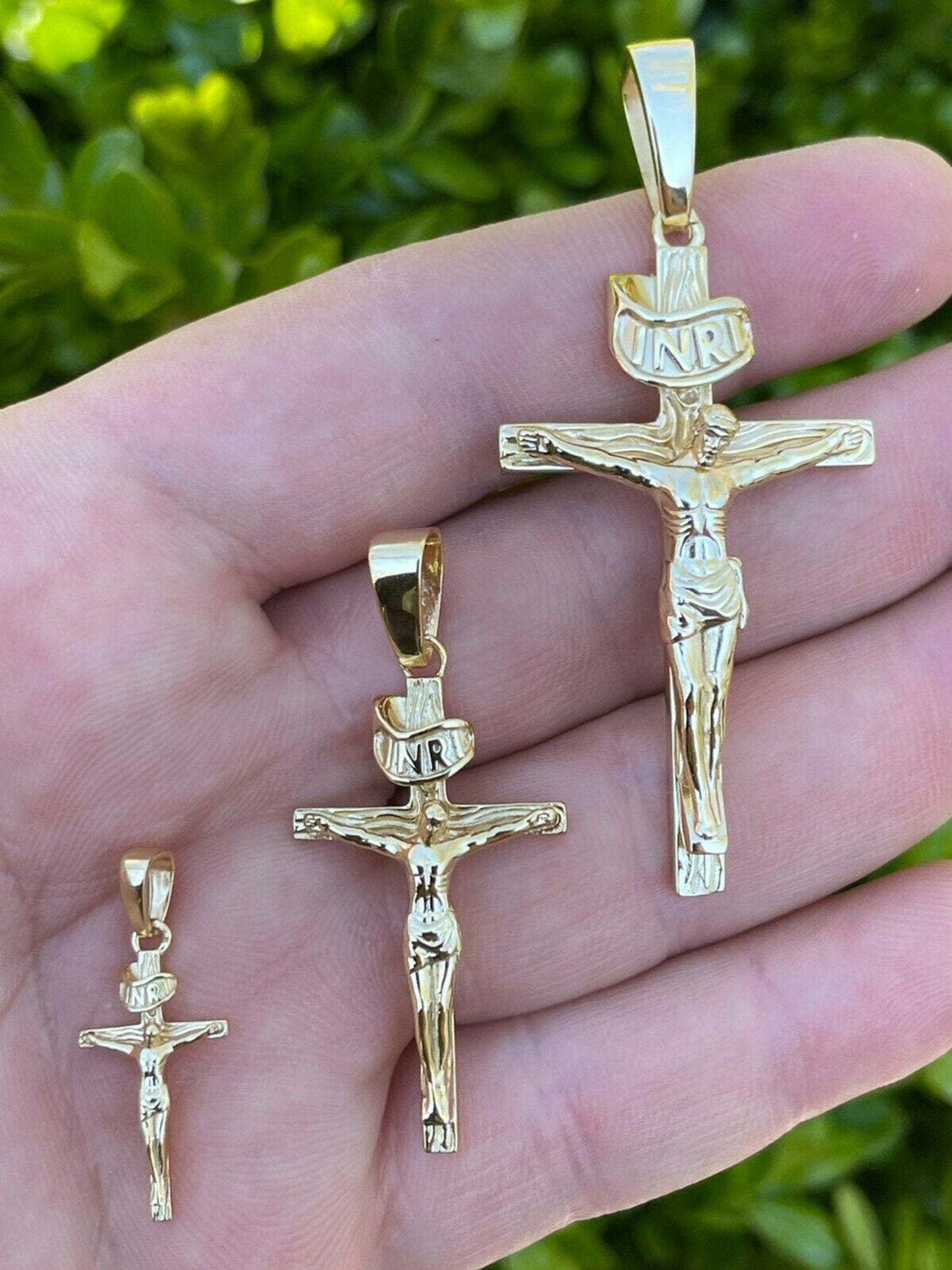 14k Gold Over Real Solid 925 Silver Cross Jesus Piece Crucifix Pendant Necklace