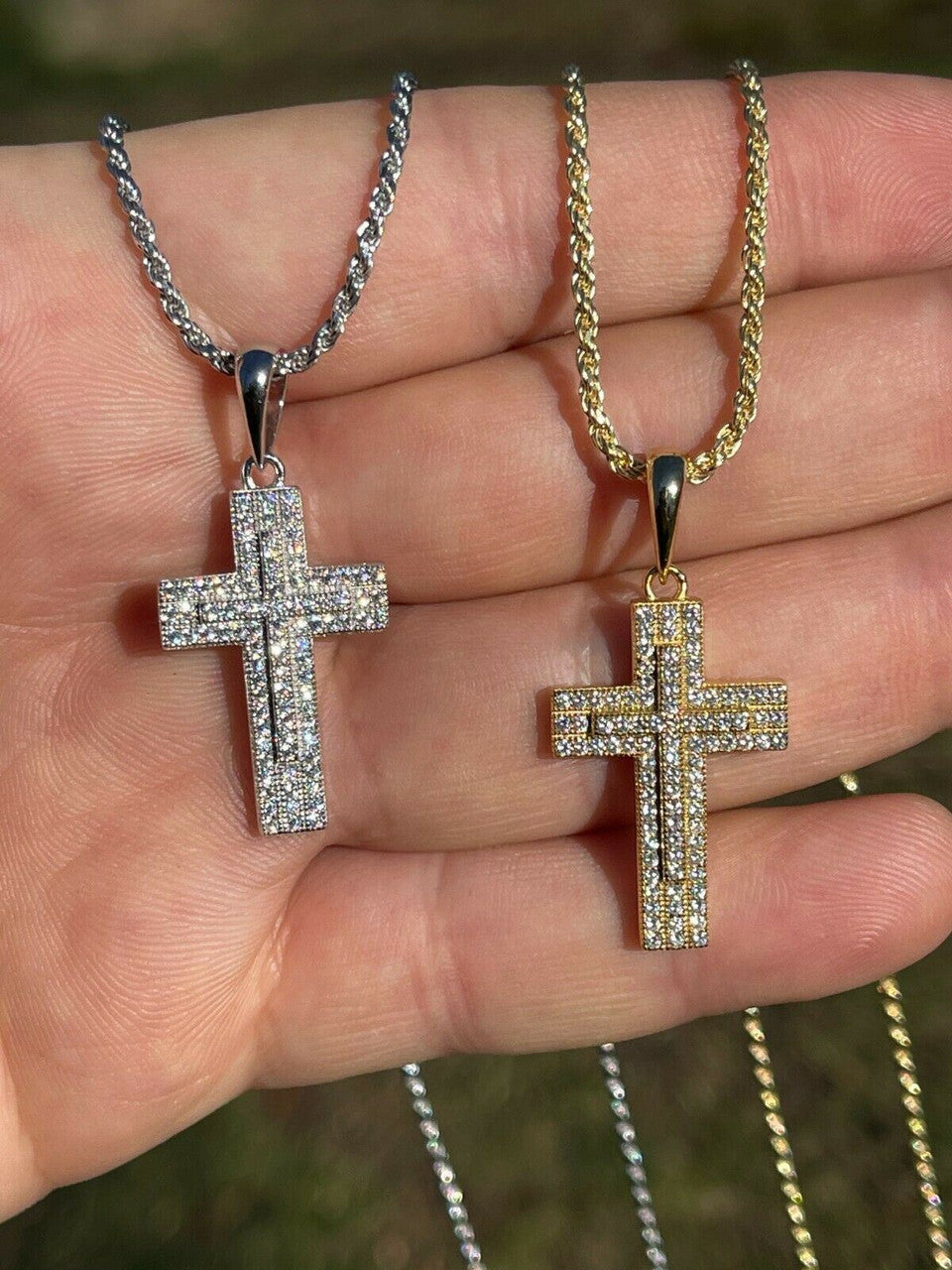 Real 925 Sterling Silver Or Gold Cross Crucifix Pendant Necklace Iced 1" Small